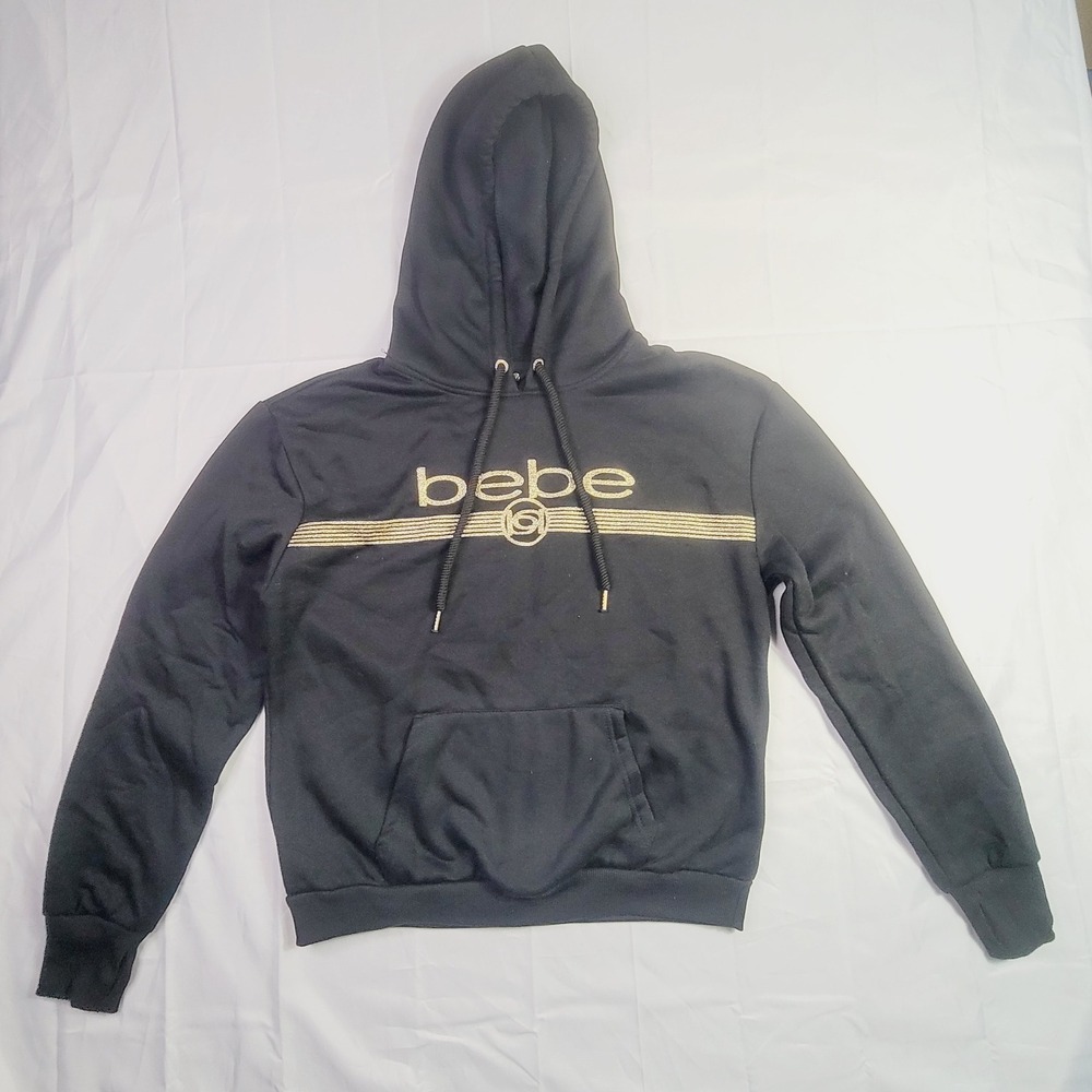 Bebe Women's Logo Graphic Hoodie Sweatshirt Size L Black‎ Gold Glitter Stripe